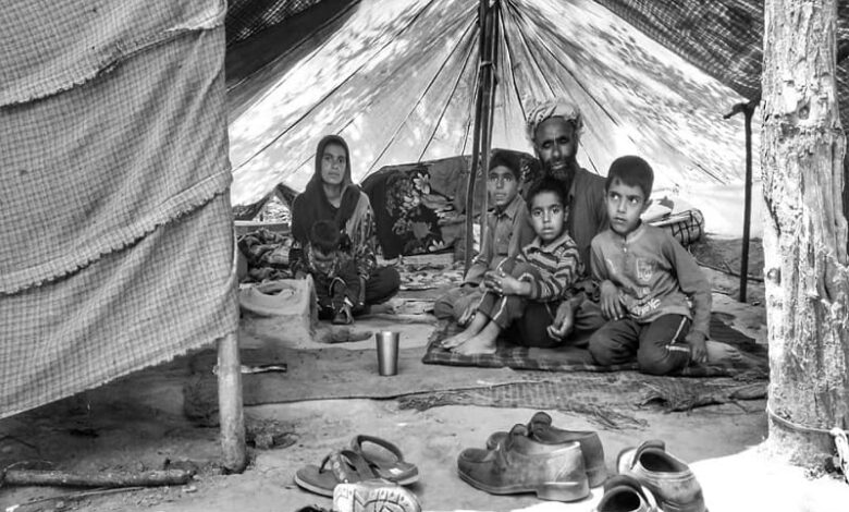 غولزار أحمد، عامل وأب لأربعة أطفال، لحظات من الفرح مع أطفاله بجانب خيمتهم المشمعة في كشمير